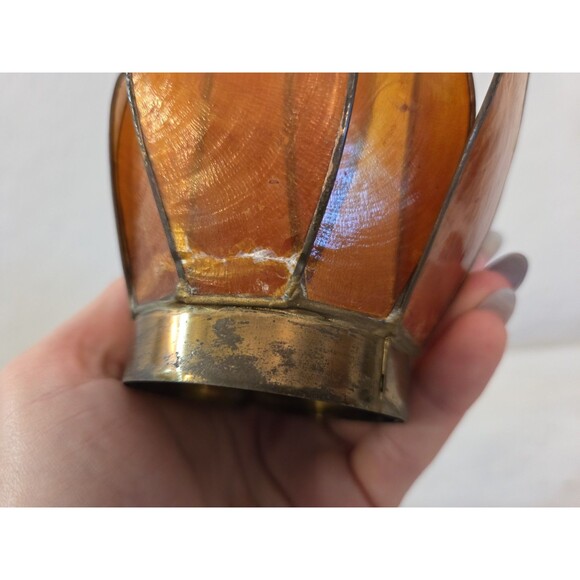 Vintage Capiz Shell Lotus Flower Burnt Orange with Brass Accent Candle Holder - Picture 11 of 12
